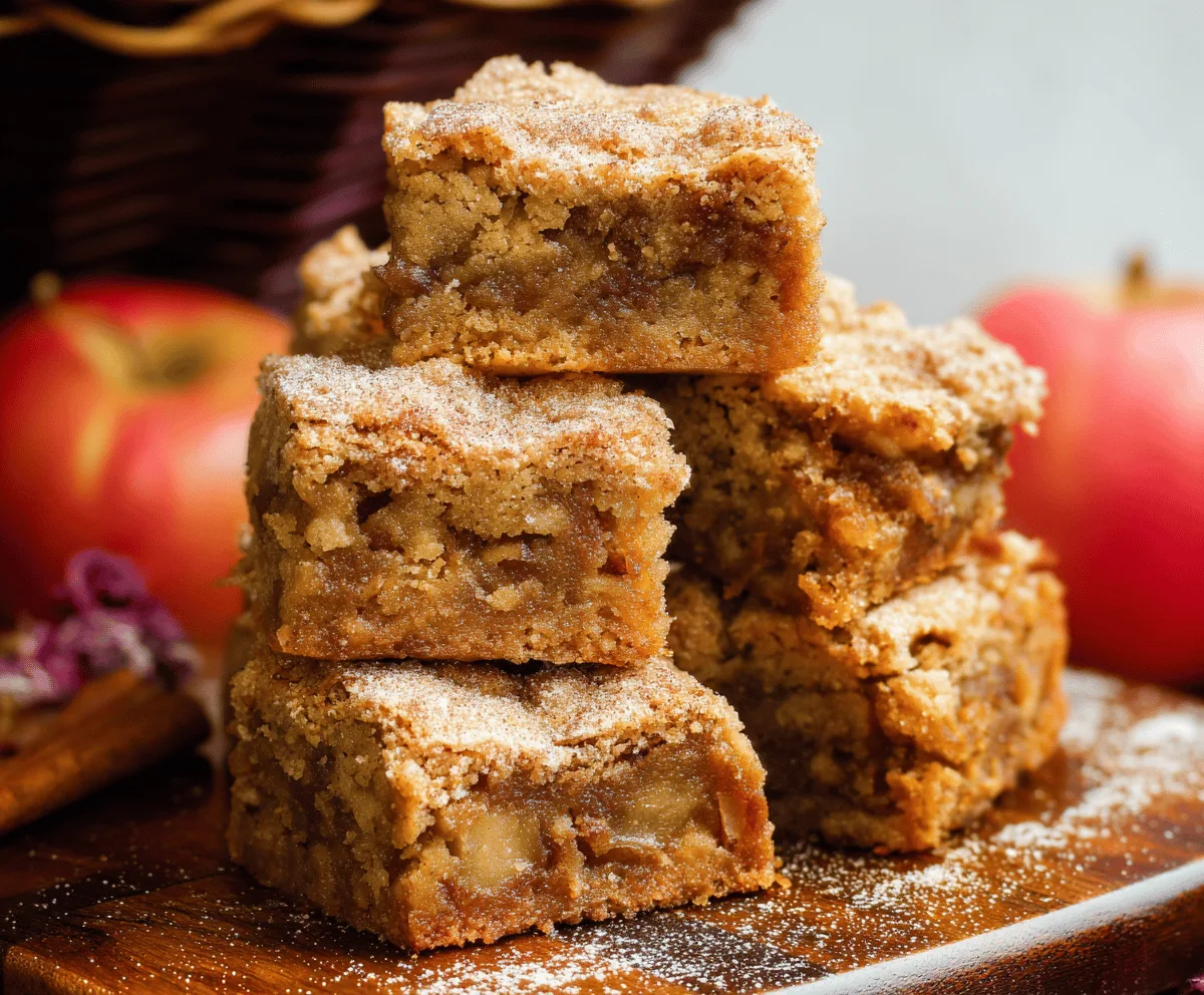 Delicious homemade apple brownies with a fudgy texture topped with fresh apple slices and a sprinkle of cinnamon, perfect for fall desserts.