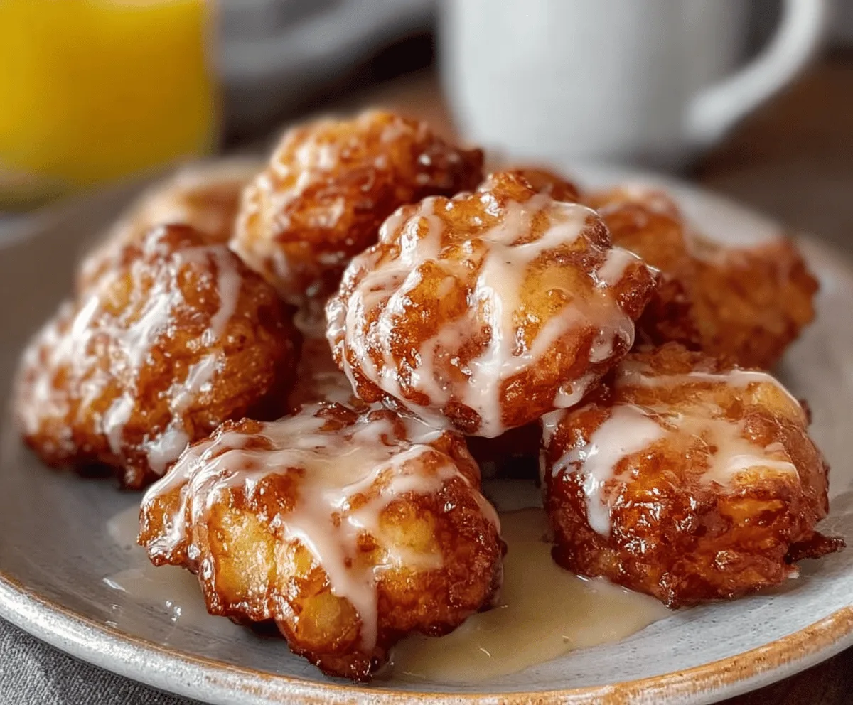 Delicious baked apple fritters with a sweet glaze topping on a rustic plate, perfect for a cozy dessert or breakfast treat