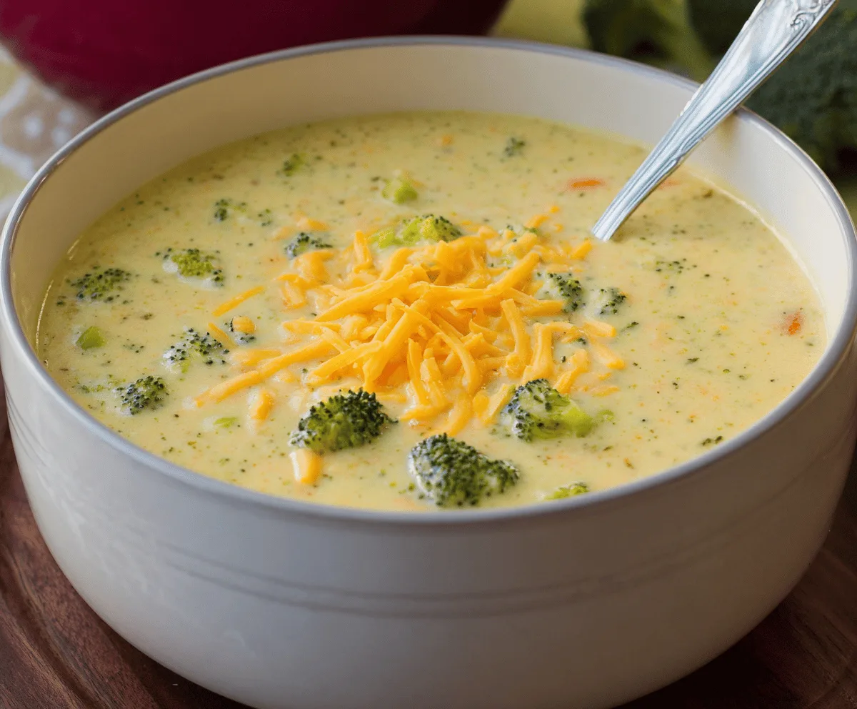 Creamy Cheddar Broccoli Potato Soup in a bowl with melted cheese, fresh broccoli florets, and crispy bacon garnish on a rustic table
