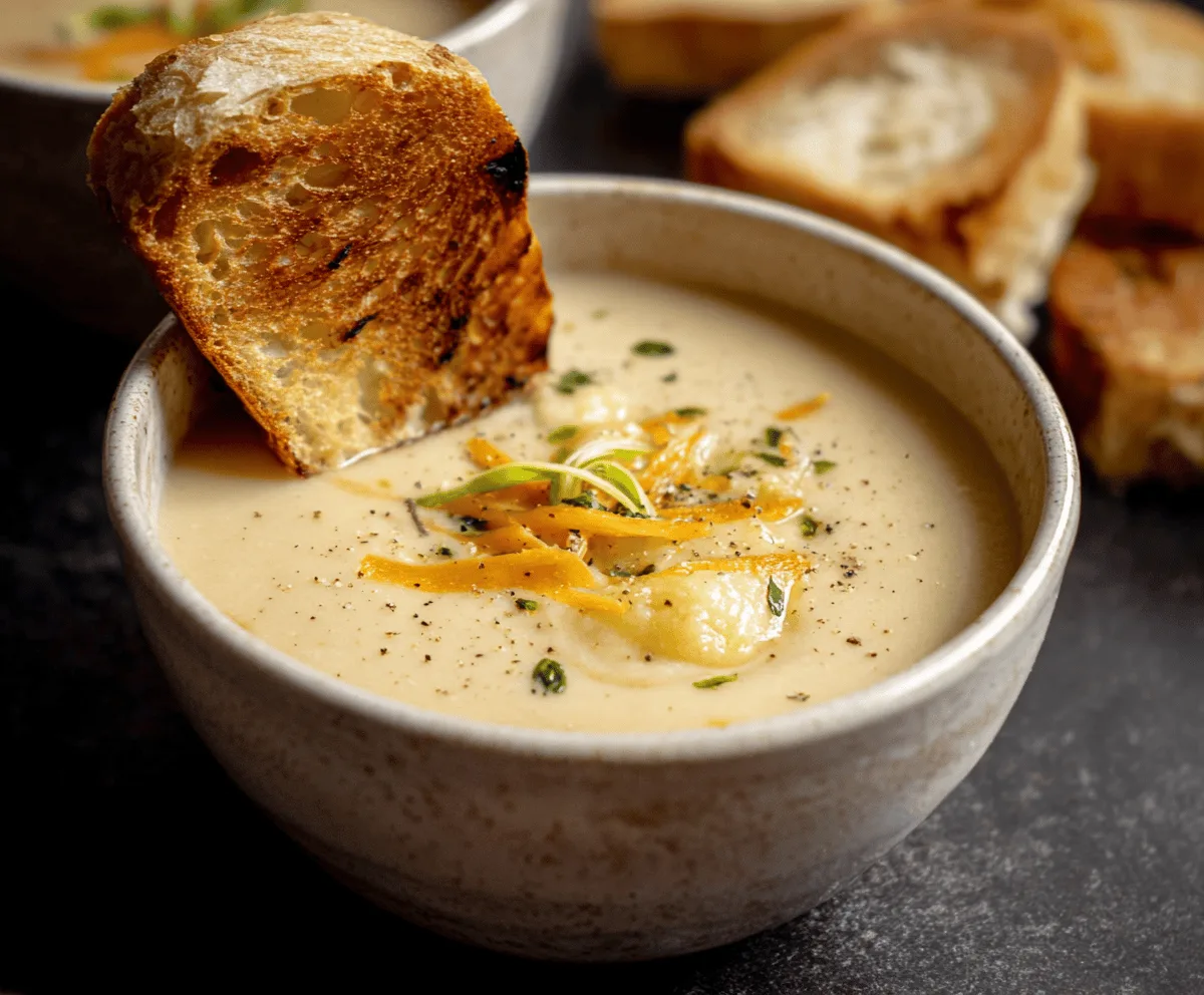 Creamy cheddar garlic herb potato soup served in a bowl with fresh herbs and melted cheese topping