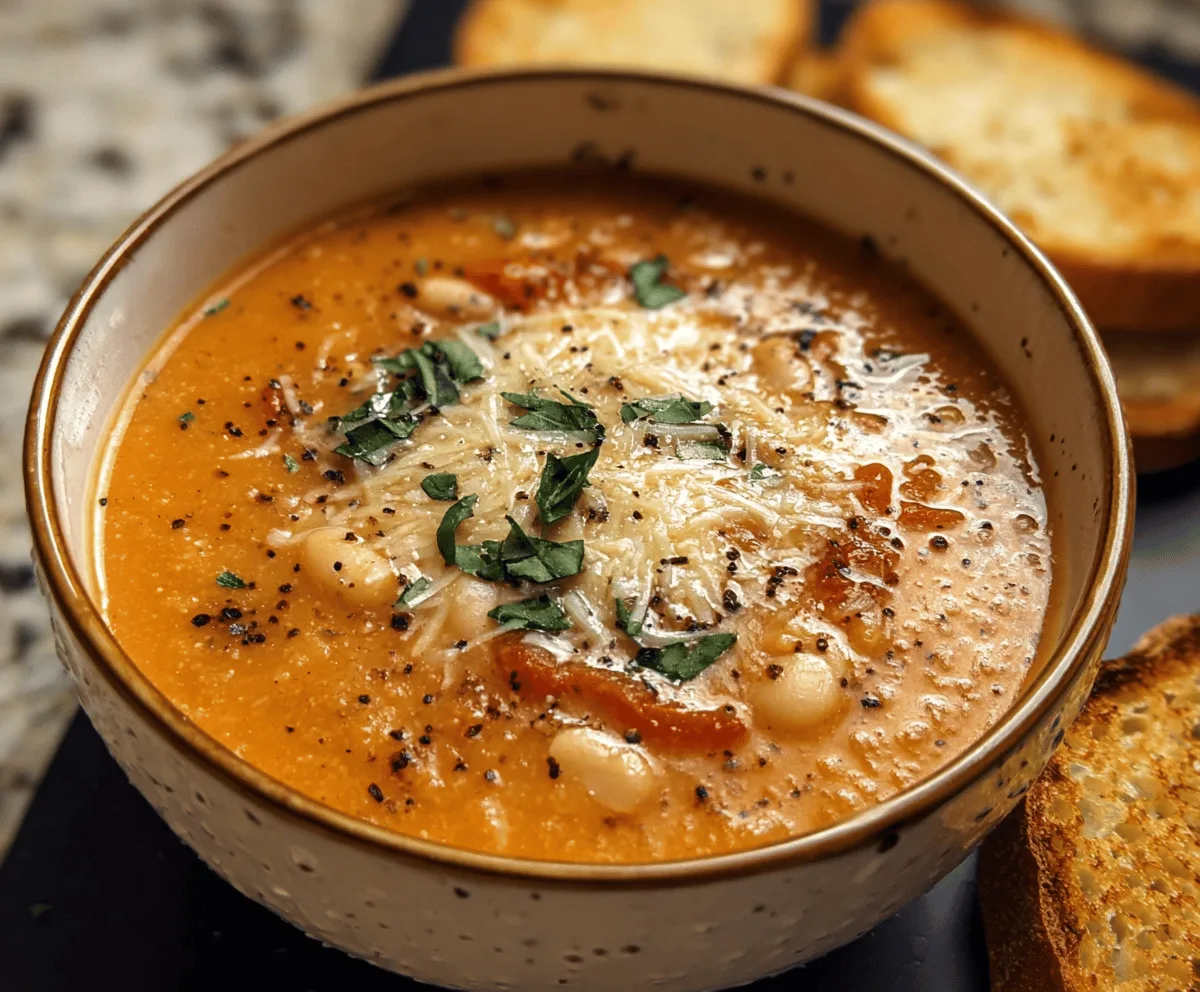 Creamy Parmesan Tomato and Cannellini Bean Soup in a bowl garnished with fresh herbs, served with crusty bread on a rustic table