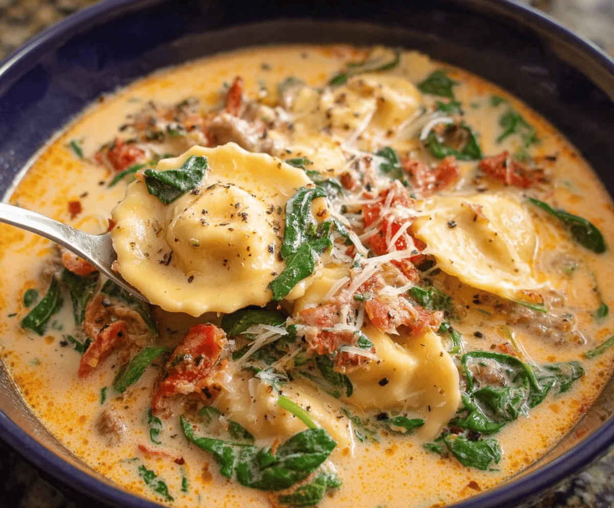 Creamy Tuscan Ravioli Soup with spinach, sun-dried tomatoes, and grated Parmesan cheese in a bowl