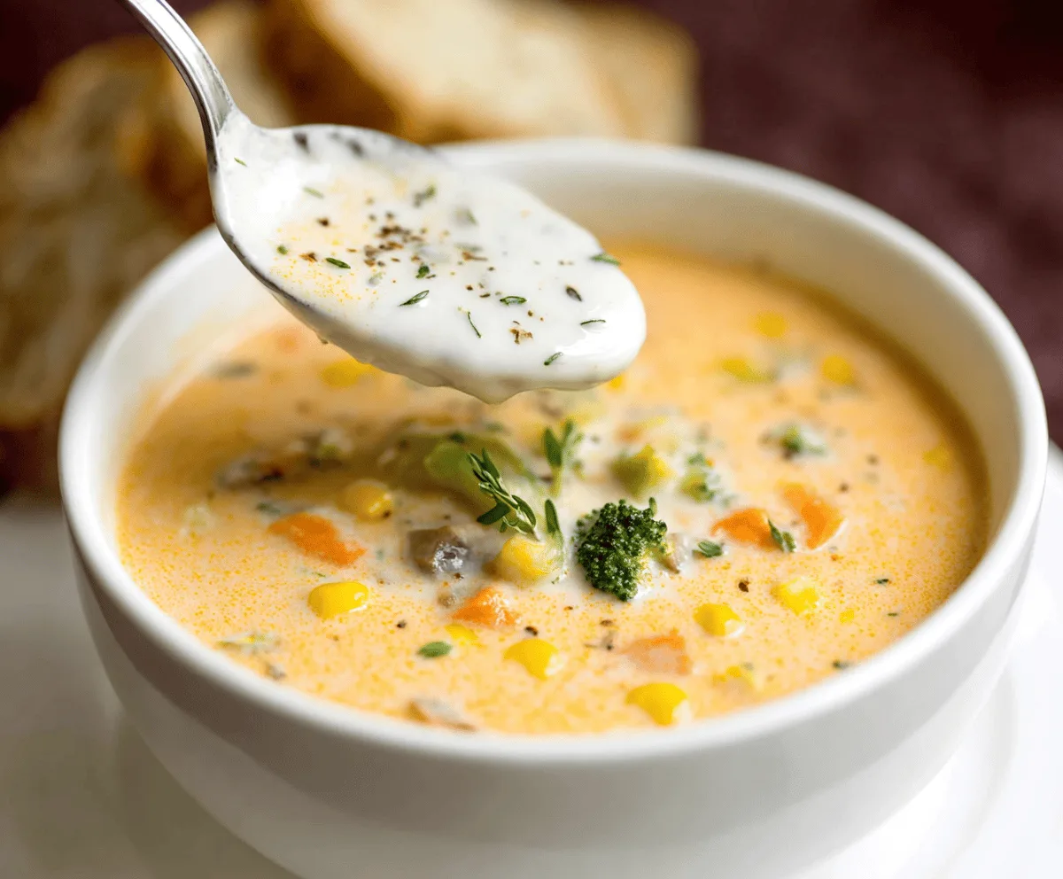 A bowl of creamy vegetable soup garnished with fresh herbs, featuring colorful vegetables like carrots, celery, and zucchini in a rich, smooth broth.