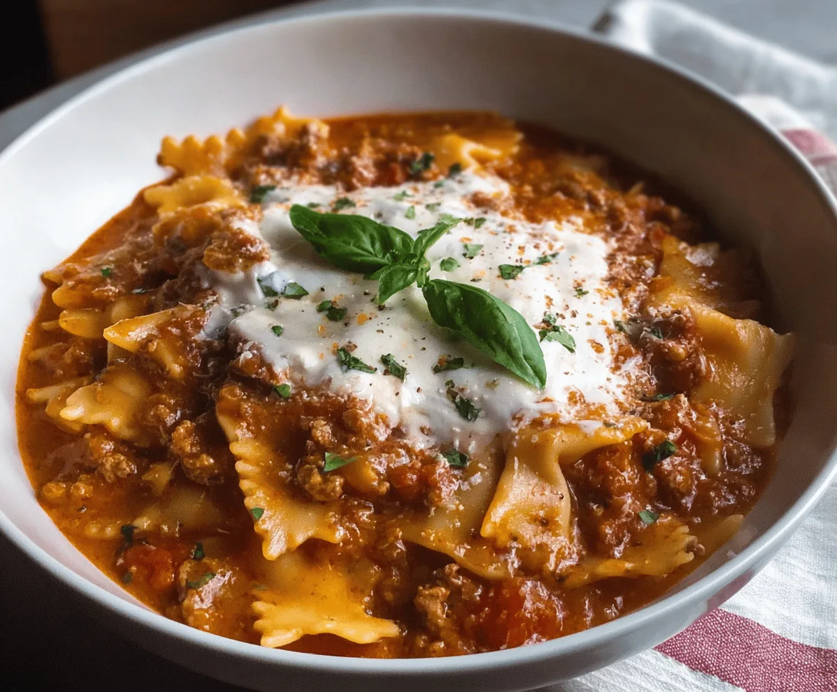 A bowl of creamy lasagna soup topped with melted cheese, fresh basil, and rich tomato sauce, served in a white ceramic bowl with a spoon on a wooden table.