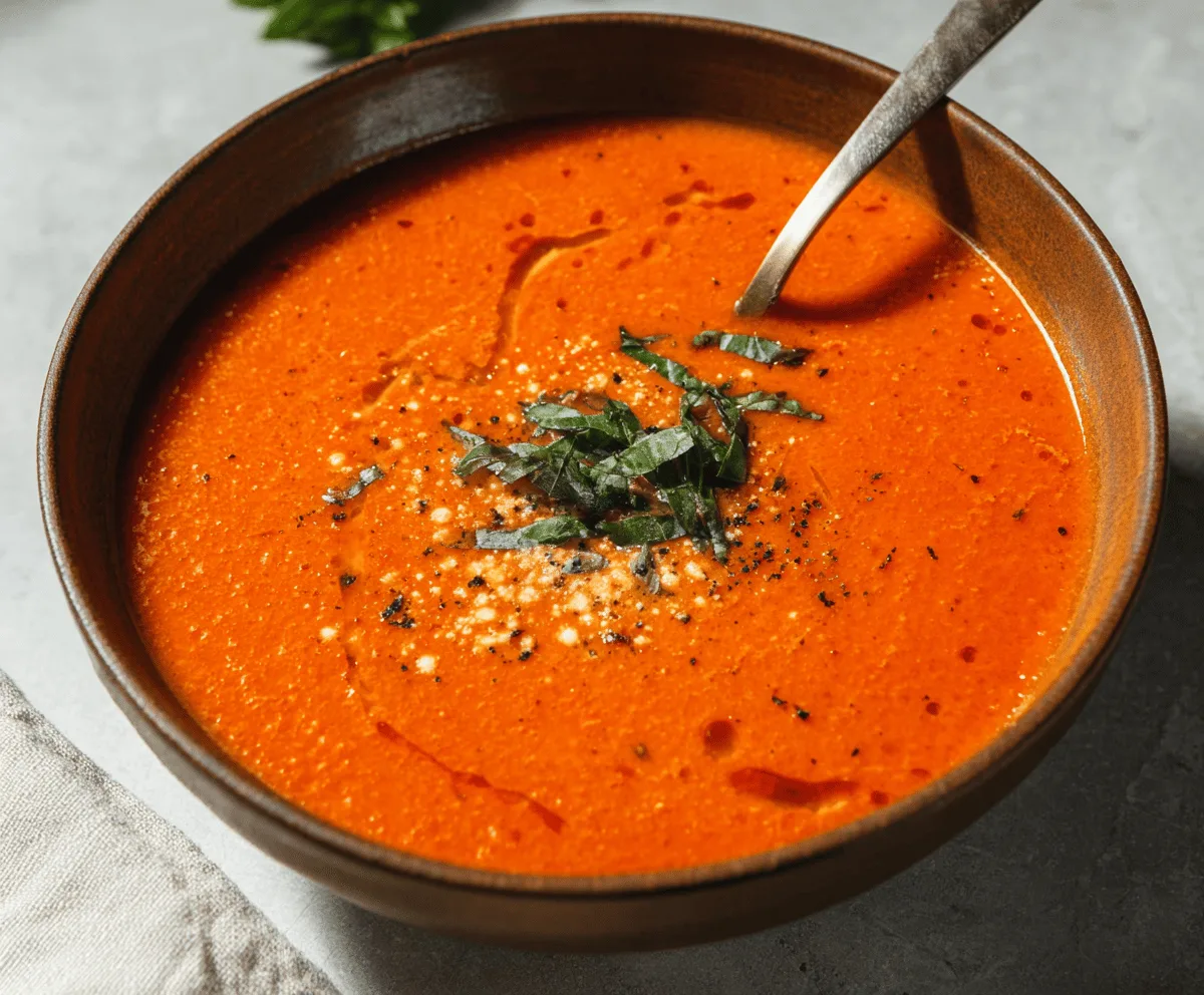 Creamy high protein tomato soup garnished with fresh herbs in a white bowl on a rustic wooden table.