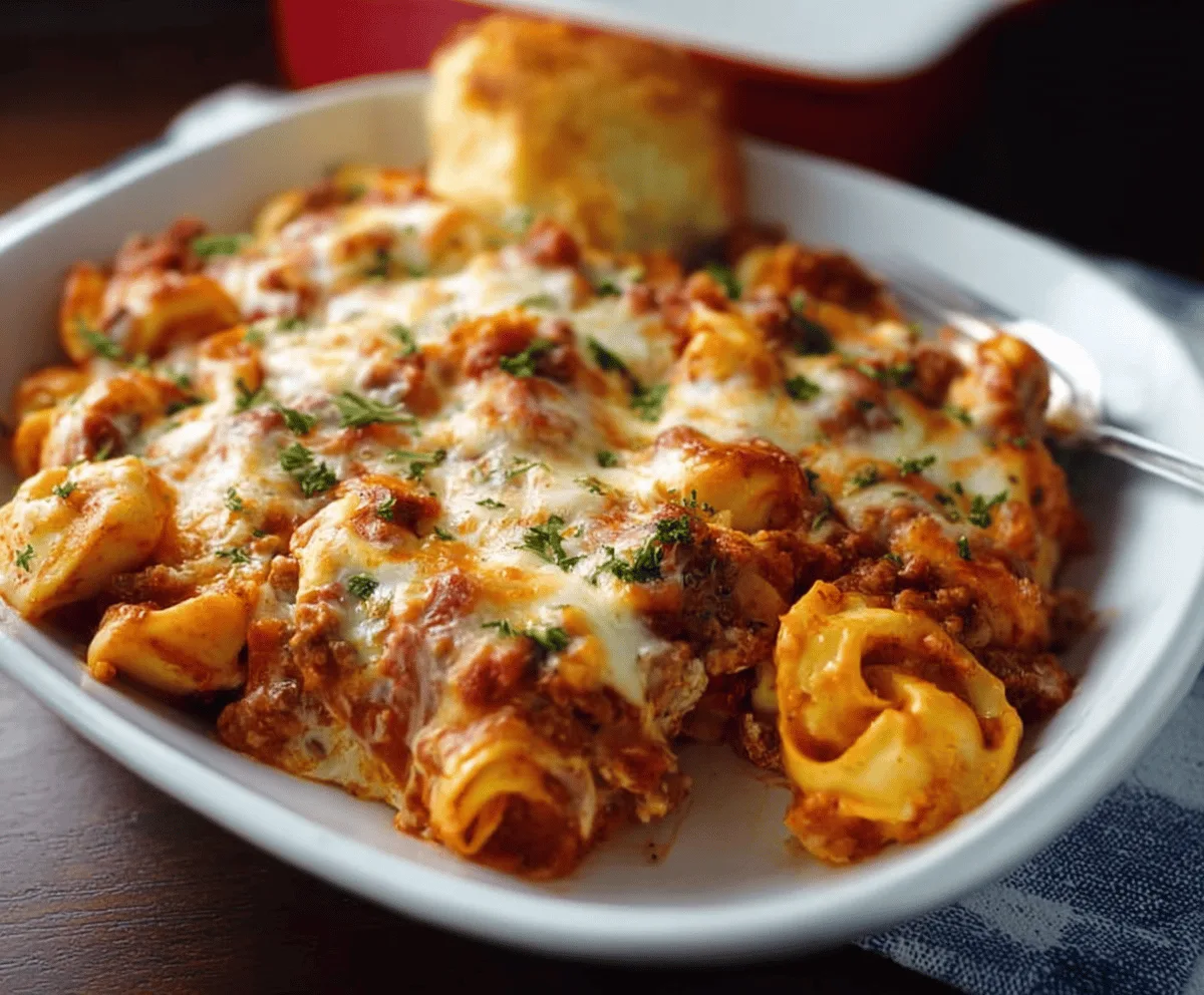 Delicious Million Dollar Baked Tortellini Casserole with melted cheese, creamy sauce, and fresh herbs in a baking dish