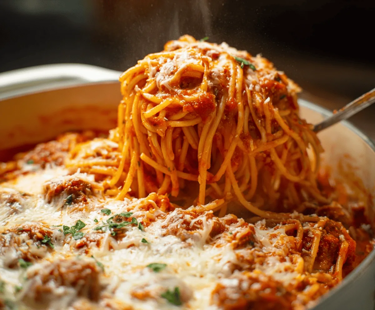 Delicious plate of Million Dollar Spaghetti topped with melted cheese and fresh herbs, served on a white plate with a fork and spoon ready to enjoy this flavorful Italian-inspired casserole