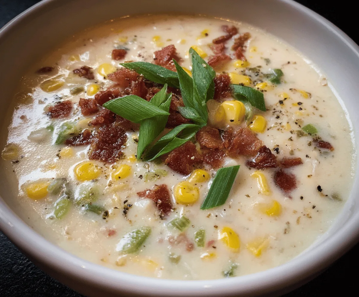 Creamy corn chowder in a bowl topped with fresh herbs and crispy bacon, served with a side of bread—perfect comfort food.