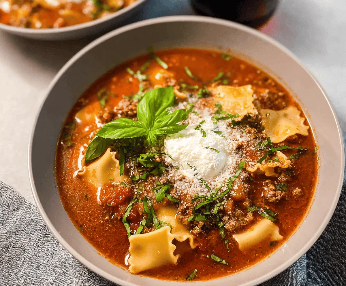 Creamy TikTok Lasagna Soup in a bowl topped with melted cheese and fresh herbs, served with bread on the side.