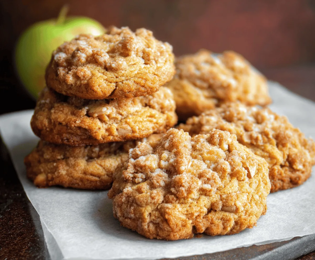 Delicious homemade apple crumb cookies with a golden crumble topping and sliced fresh apples on a rustic wooden table