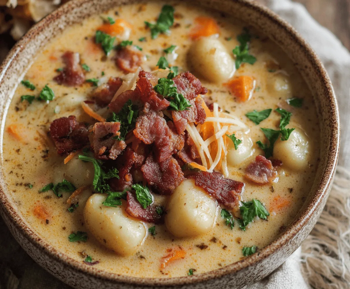 Creamy Bacon Cheddar Gnocchi Soup in a bowl with crispy bacon, melted cheddar, and tender gnocchi, garnished with fresh herbs