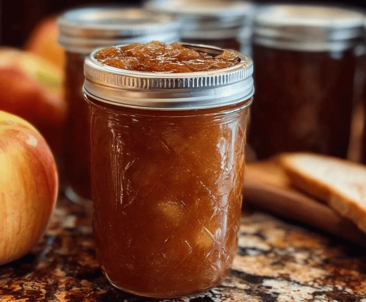 Sweet caramel apple jam spread in a glass jar with fresh apple slices and caramel drizzle, perfect for toast and desserts