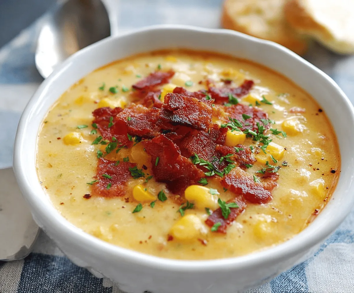 Creamy corn chowder topped with crispy bacon strips, served in a bowl with fresh herbs for a delicious comfort food dish