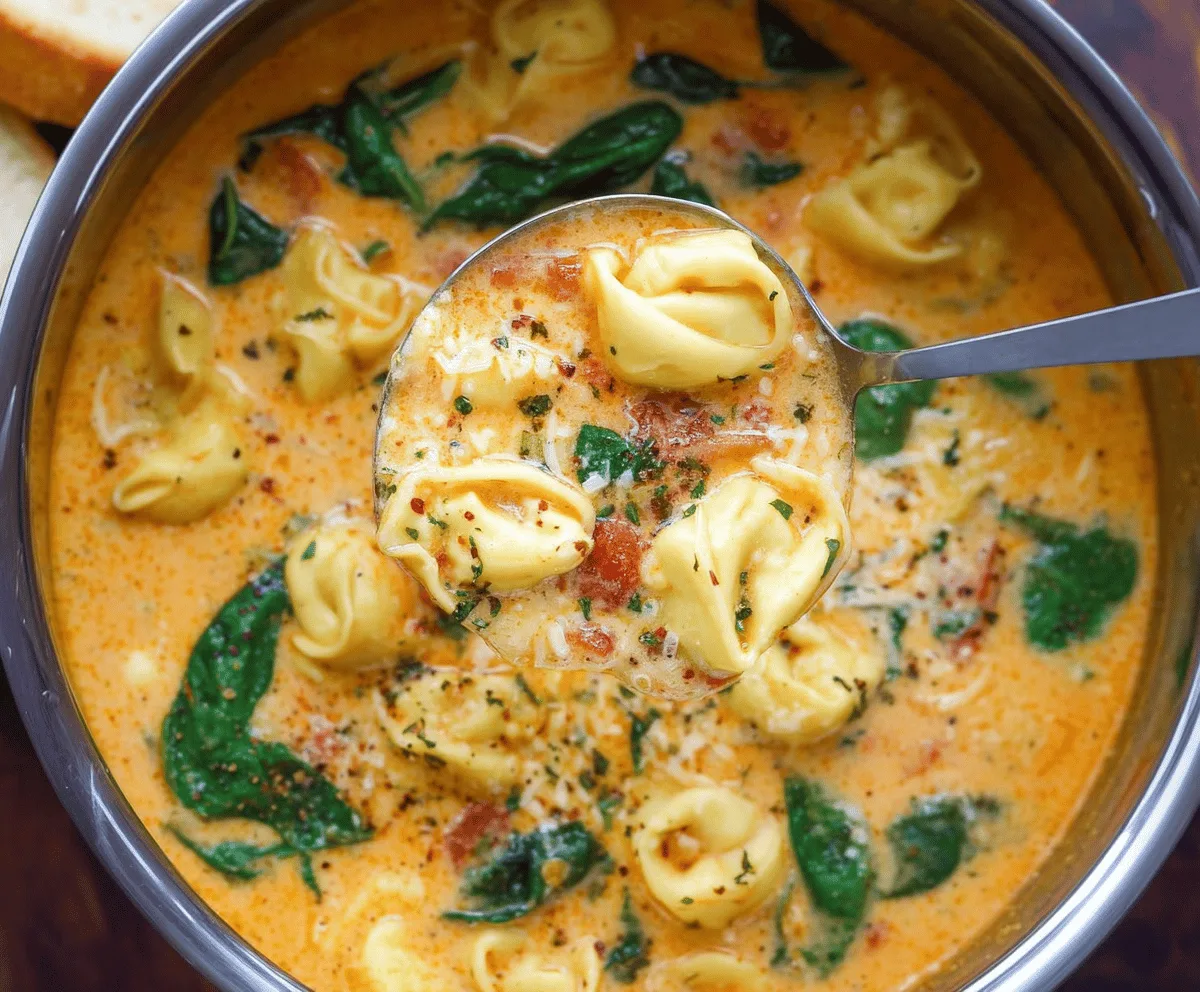 A bowl of creamy tortellini soup garnished with fresh herbs, featuring tender tortellini pasta in a rich, velvety broth with vegetables and a sprinkle of Parmesan cheese.