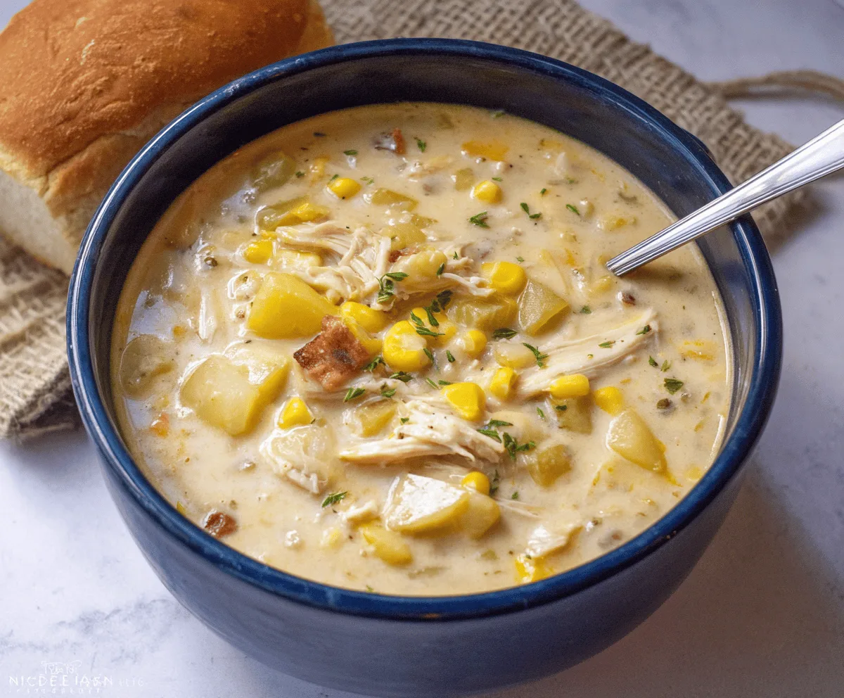 Creamy Crockpot Chicken Corn Chowder in a bowl with fresh herbs, served with crusty bread—easy slow cooker soup recipe for comfort food