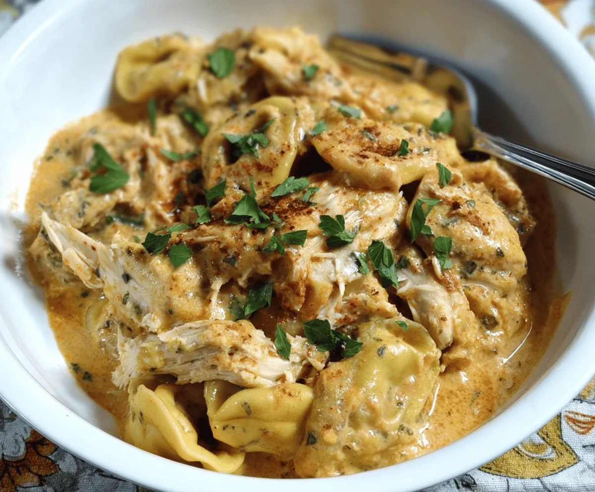 Creamy CrockPot Chicken Tortellini recipe featuring tender cooked chicken, cheesy tortellini, fresh herbs, and a flavorful broth in a slow cooker.