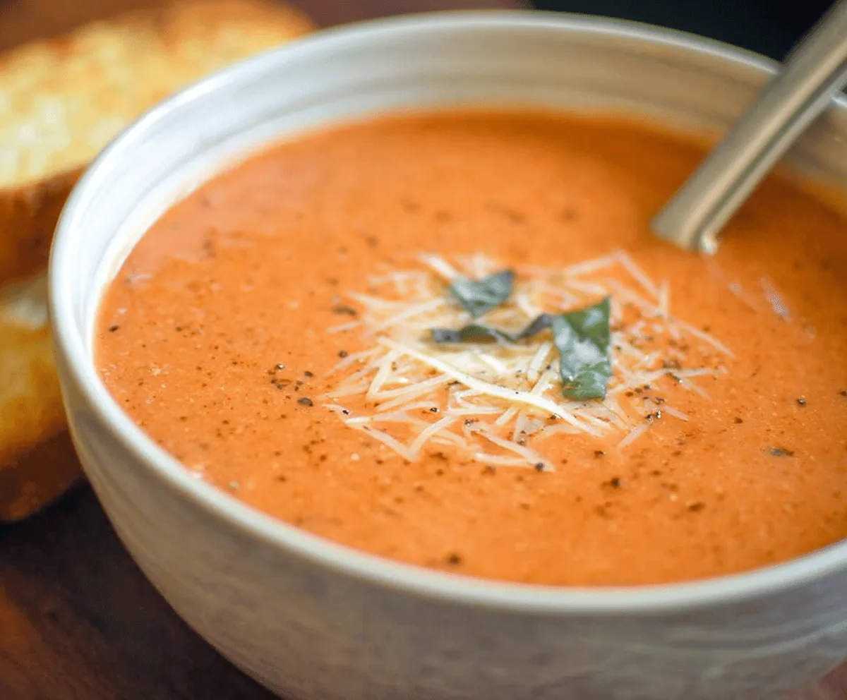 Creamy tomato soup in a bowl garnished with fresh basil and a drizzle of cream, perfect for a quick and easy comforting meal.