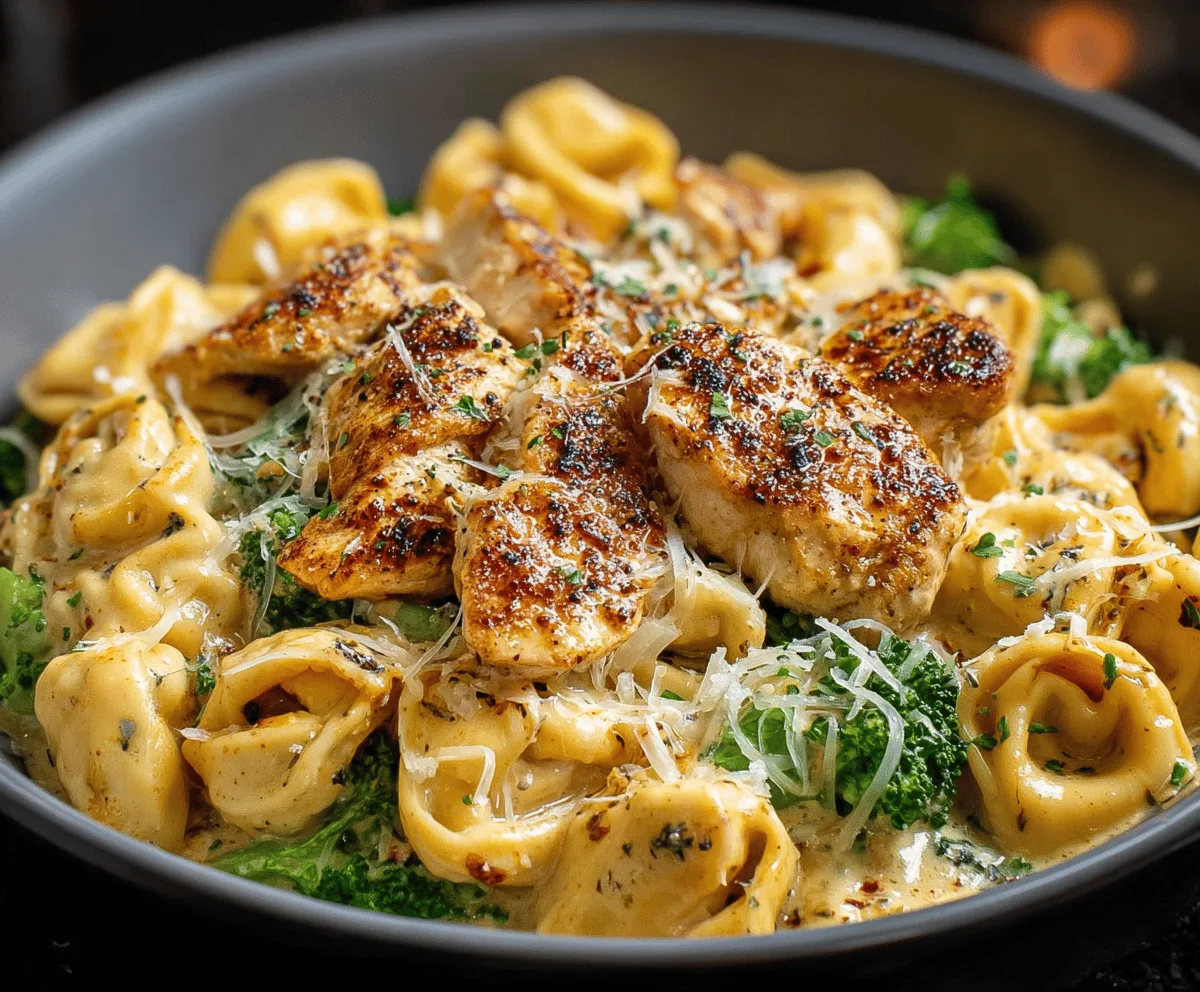 Creamy garlic parmesan chicken tortellini pasta dish garnished with fresh herbs and grated cheese, served on a white plate.