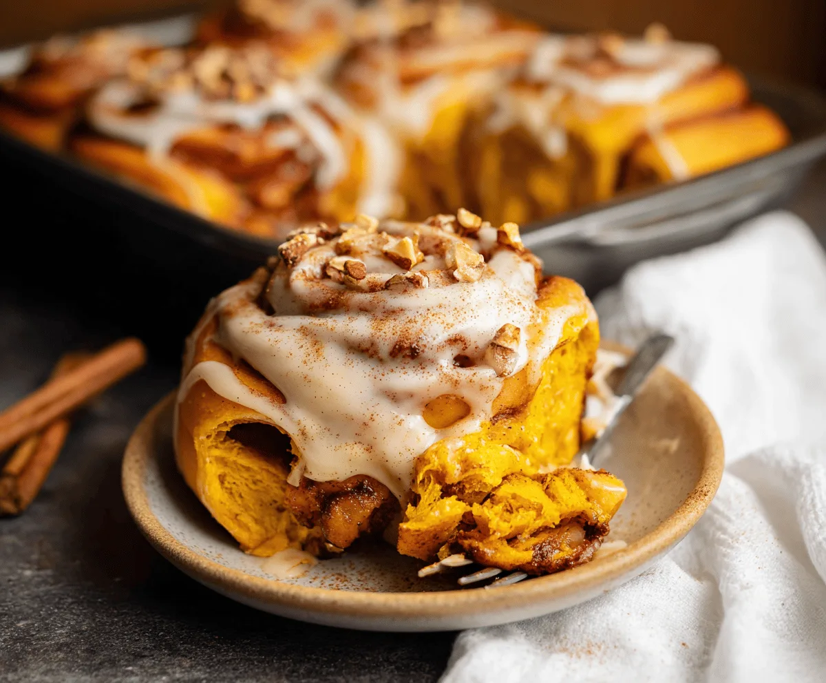 Freshly baked pumpkin cinnamon rolls topped with icing, featuring swirls of pumpkin spice filling and a golden-brown crust, perfect for fall desserts.
