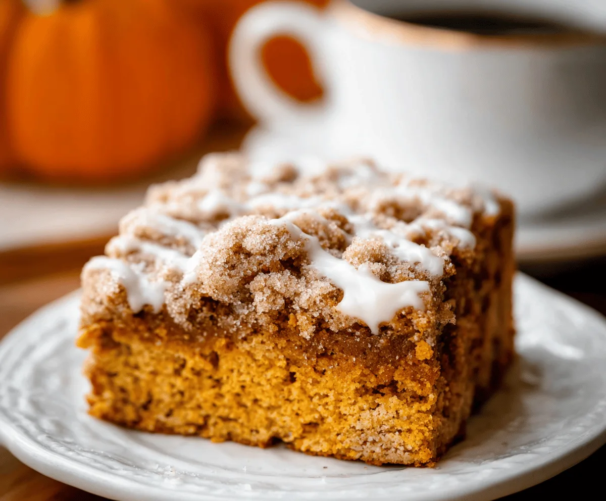 Delicious homemade pumpkin coffee cake topped with pecans and cinnamon, perfect for fall breakfast or dessert