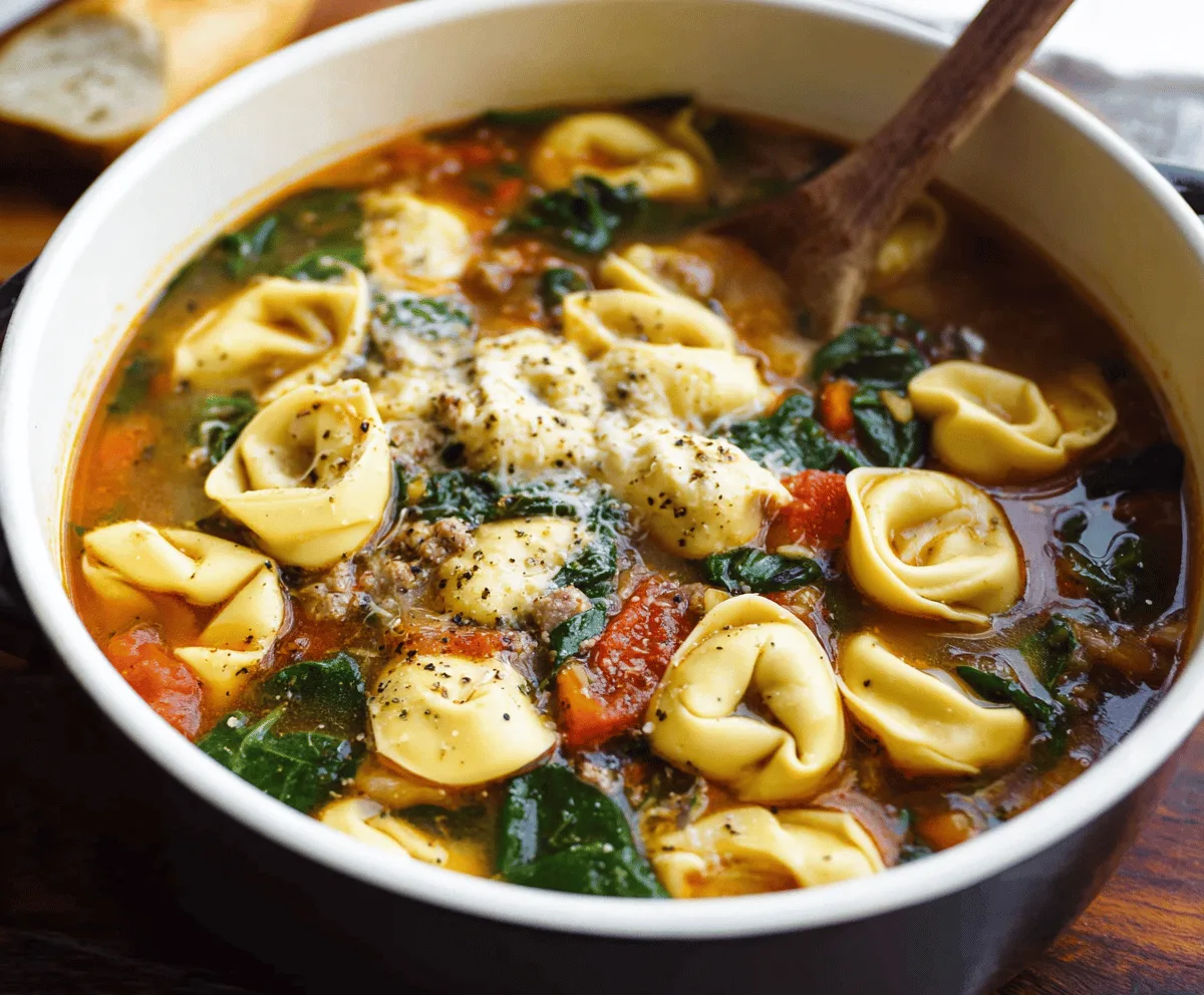 A steaming bowl of sausage tortellini soup garnished with fresh herbs, showcasing tender tortellini, savory sausage slices, and colorful vegetables in a flavorful broth.