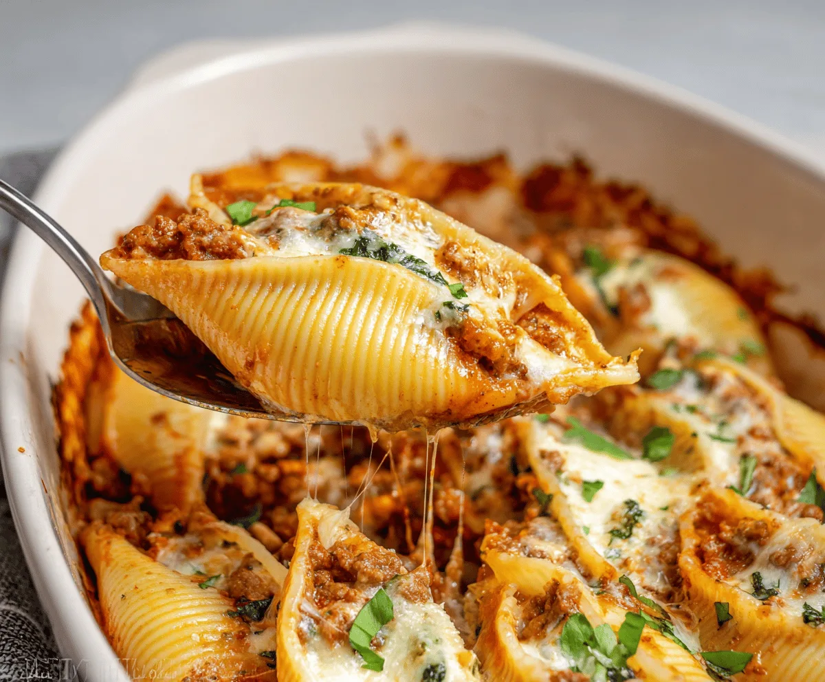 Delicious baked stuffed shells filled with seasoned meat and melted cheese, served on a plate, perfect for a hearty Italian meal