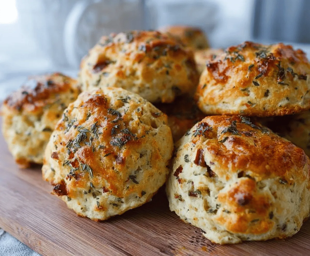 Delicious homemade stuffing biscuits with golden-brown crust, perfect for Thanksgiving or holiday dinners.