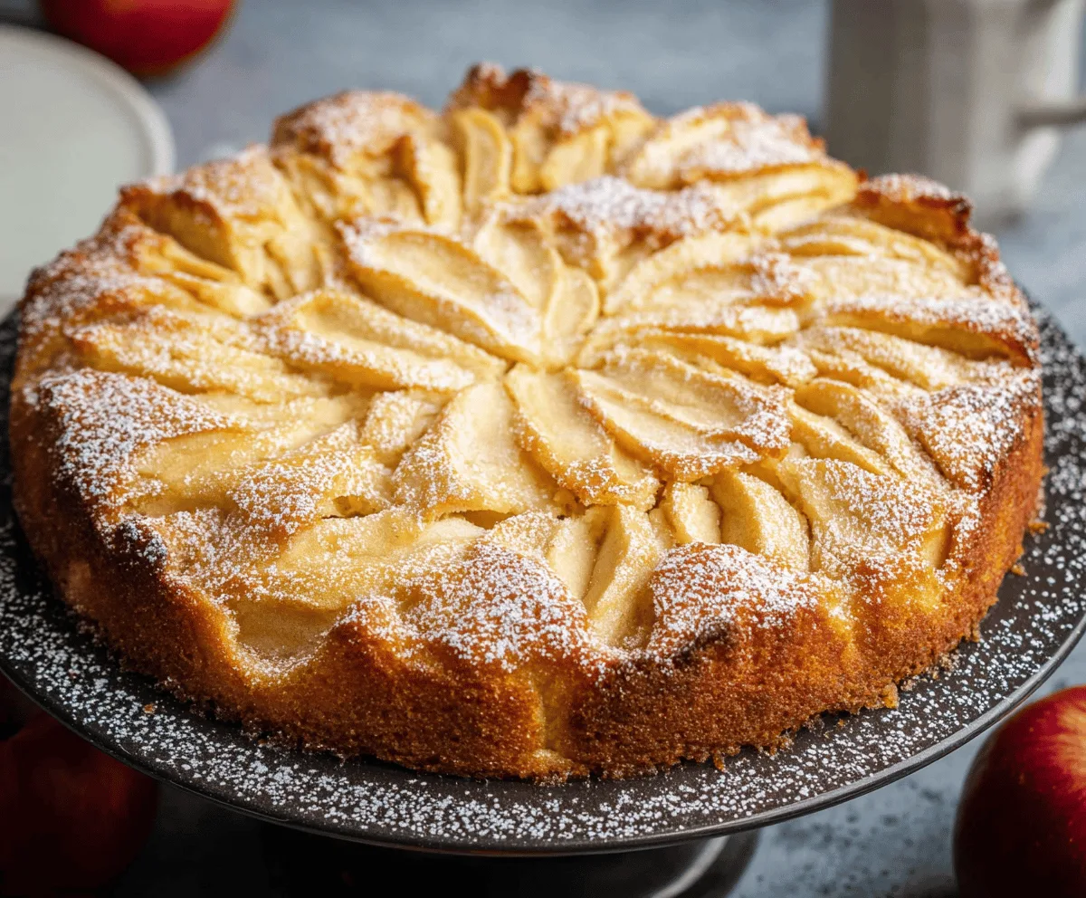 Delicious Swedish Apple Cake with golden crust and fresh apple slices, topped with powdered sugar, served on a rustic wooden table.