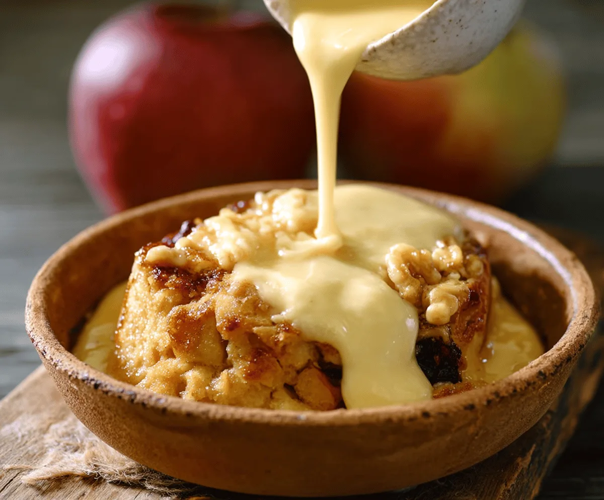 Delicious apple and custard dessert featuring sliced fresh apples topped with creamy custard, garnished with cinnamon and mint for a sweet and comforting treat.