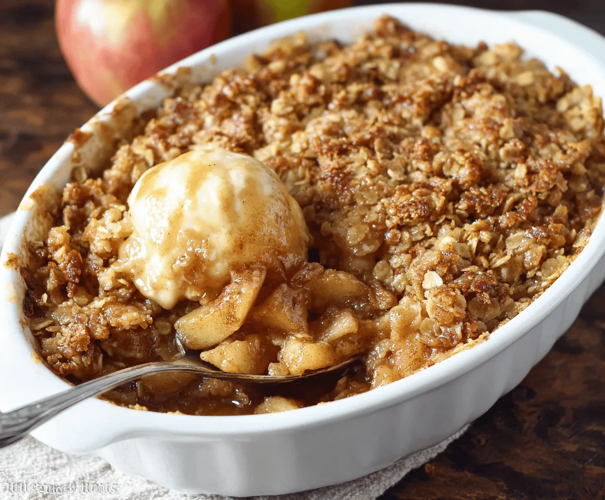 Delicious homemade apple crisp topped with golden brown crumble served in a baking dish, perfect for fall desserts
