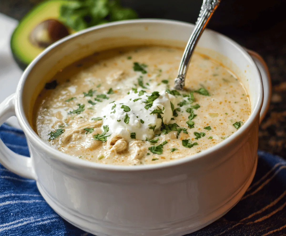 Creamy Crockpot White Chicken Chili with Cream Cheese served in a bowl, garnished with fresh cilantro and lime wedges