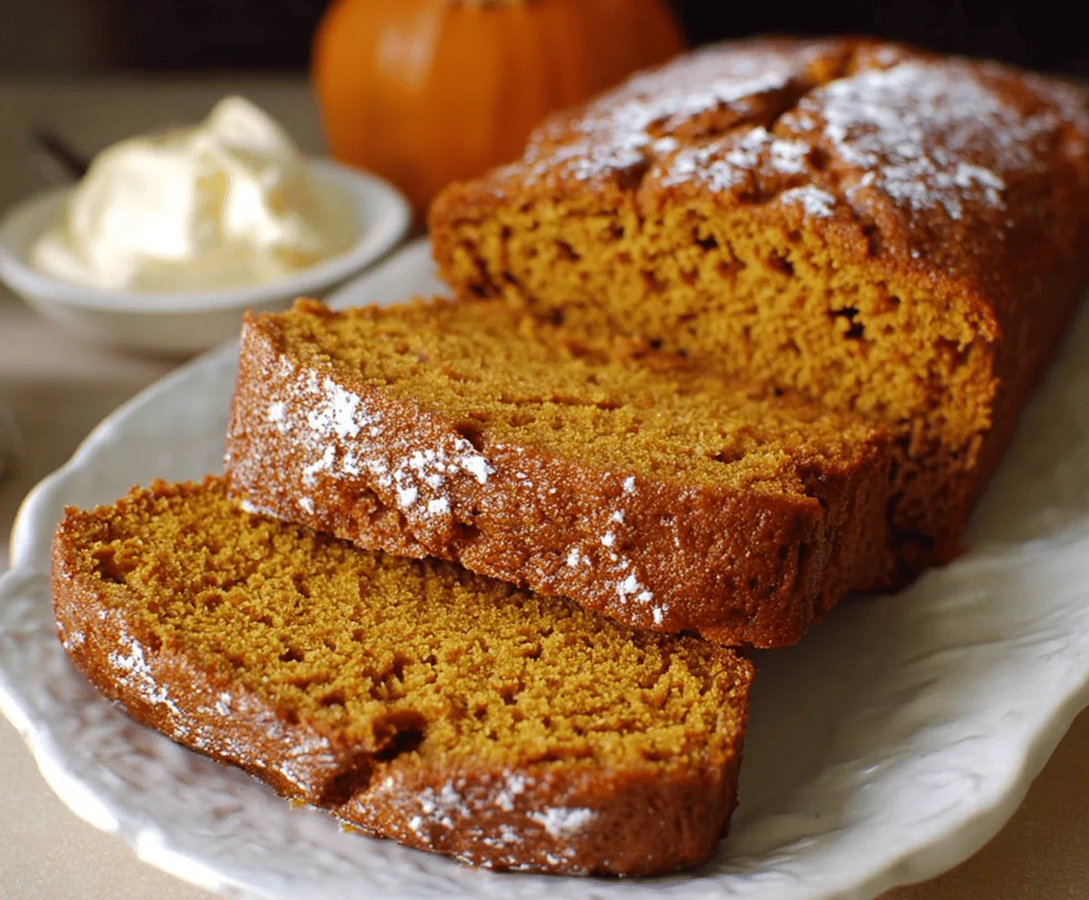 Creamy vanilla pudding topped pumpkin bread loaf, perfect for fall desserts and cozy seasonal treats.