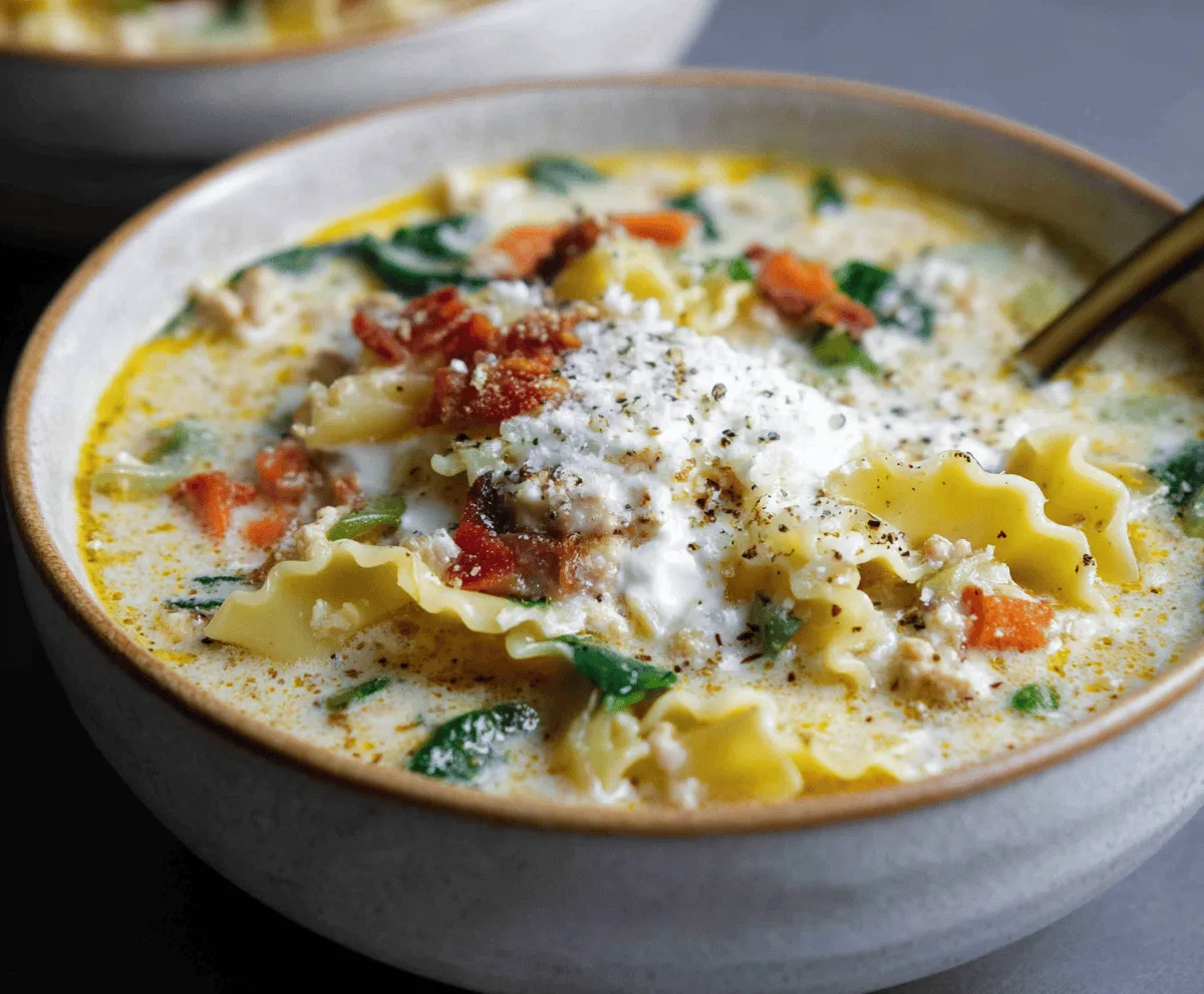 Creamy White Lasagna Soup with layers of ricotta, mozzarella, and spinach in a savory broth, served with grated Parmesan cheese on top.